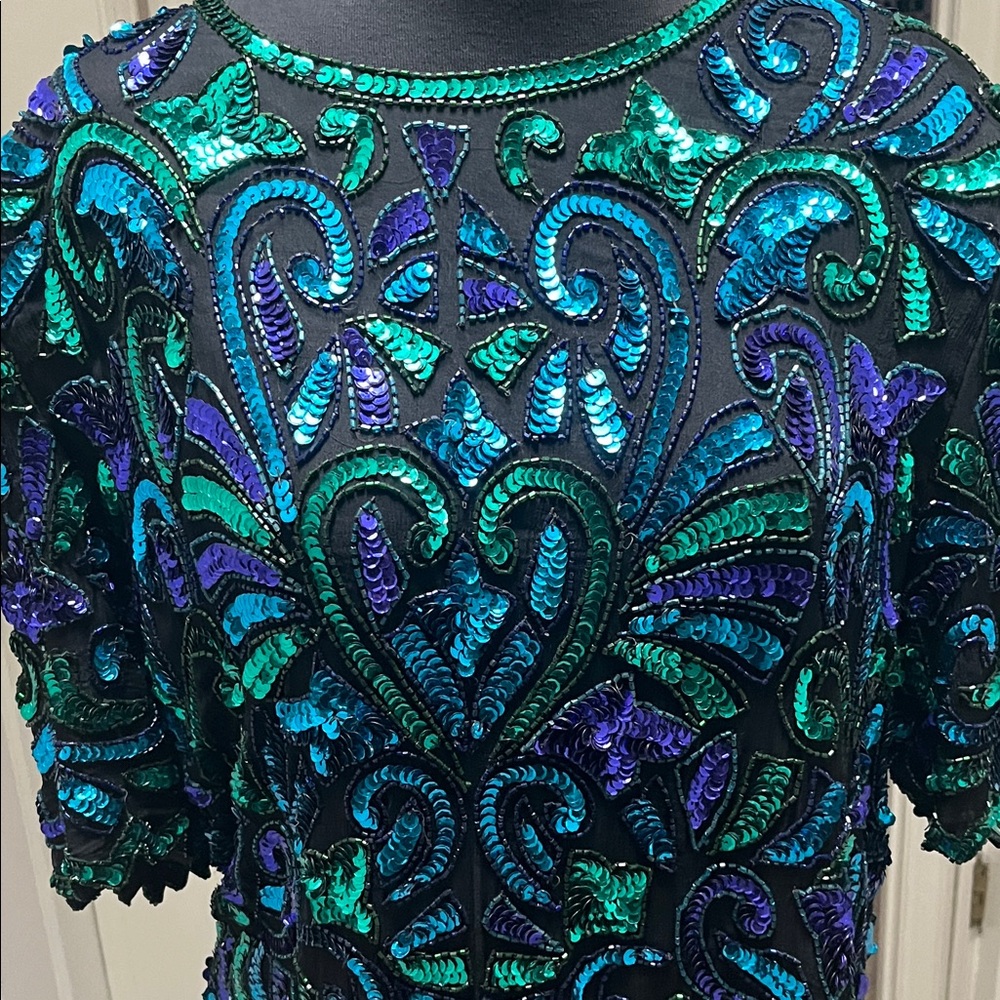 Laurence Kazar 100%Silk Sequined Black Top Green, Teal. Vintage. Size 2X - Picture 3 of 5